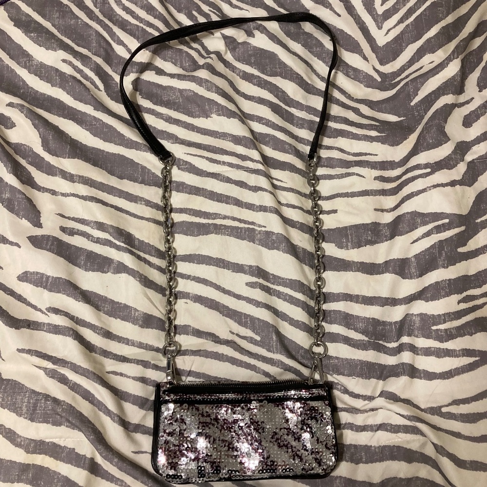 Gray silver hardware chain sequin clutch crossbody purse